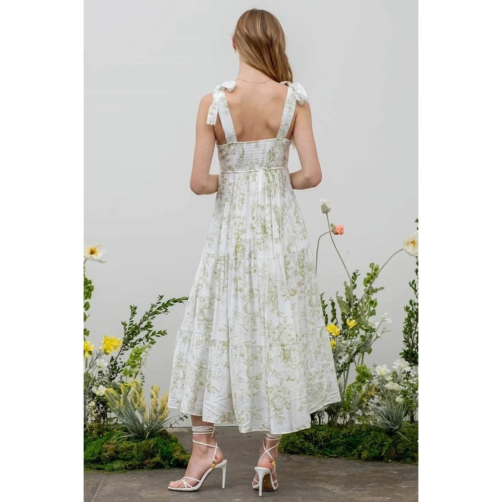 by the River Fruit Blossom Tiered Midi Dress Green Toile Floral Crinkle Large - Picture 12 of 16